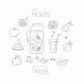 A set of fruits, berries, juice in a jug and a glass with a drink. Doodle. Royalty Free Stock Photo